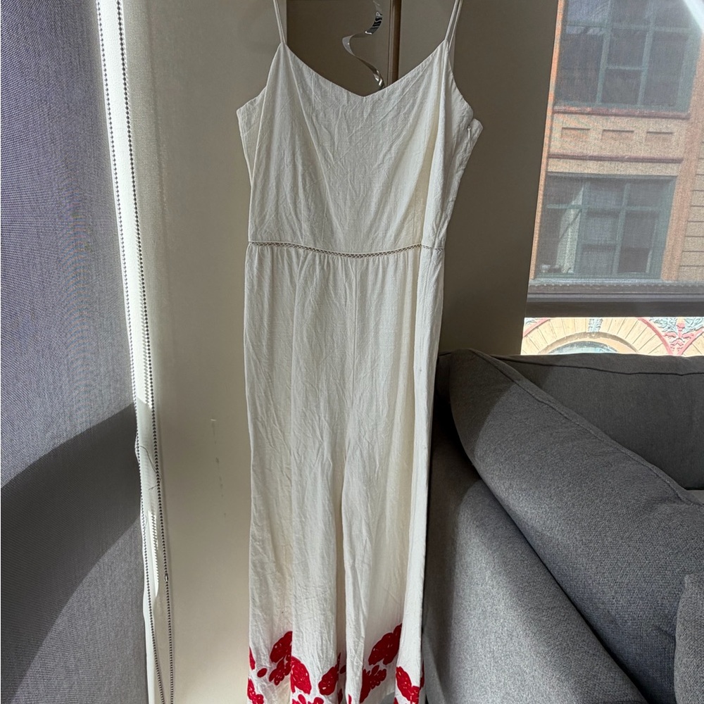 Club Monaco White Jumpsuit with Red Hem Detailing